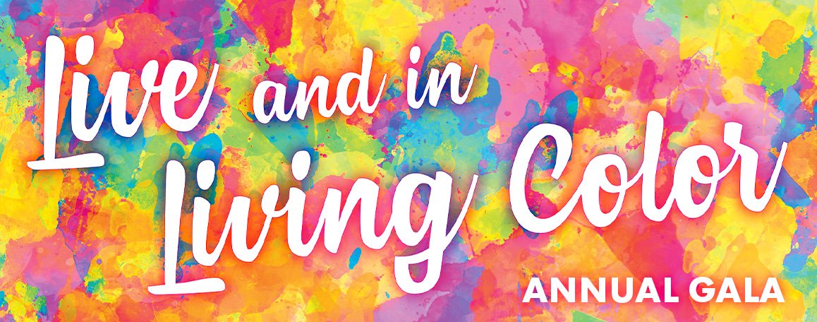 Live and in Living Color 2022 Gala Graphic for the gala that reads "Live and in Living Color Annual Gala" in white script text over a background of a vivid colorscape of pinks and oranges.
