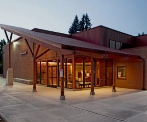 Photo of the exterior of the building, facing the lobby and box office.