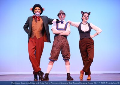 Christopher Sweet, Jake Daley, and Claire Flatz in Pinocchio at Broadway Rose Theatre Company, August 16 - 19, 2017. Photo by Sam Ortega.