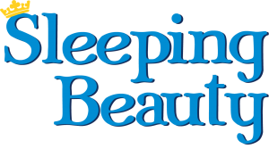 Logo for "Sleeping Beauty" featuring large, elegant, blue letters with a gold crown on the capital S.