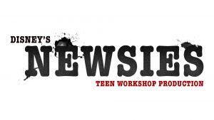 Disneys Newsies logo with newsprint ink splotches around the title