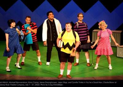 Sarah Aldrich, Michael Hammerstorm, Kimo Camat, James Sharinghousen, Jason Hays, and Camille Trinka in "You're a Good Man, Charlie Brown" at Broadway Rose Theatre Company, July 7 - 31, 2022. Photo by Craig Mitchelldyer.