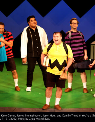 Sarah Aldrich, Michael Hammerstorm, Kimo Camat, James Sharinghousen, Jason Hays, and Camille Trinka in "You're a Good Man, Charlie Brown" at Broadway Rose Theatre Company, July 7 - 31, 2022. Photo by Craig Mitchelldyer.