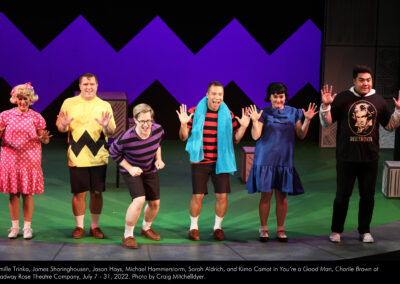 Camille Trinka, James Sharinghousen, Jason Hays, Michael Hammerstorm, Sarah Aldrich, and Kimo Camat in "You're a Good Man, Charlie Brown" at Broadway Rose Theatre Company, July 7 - 31, 2022. Photo by Craig Mitchelldyer.