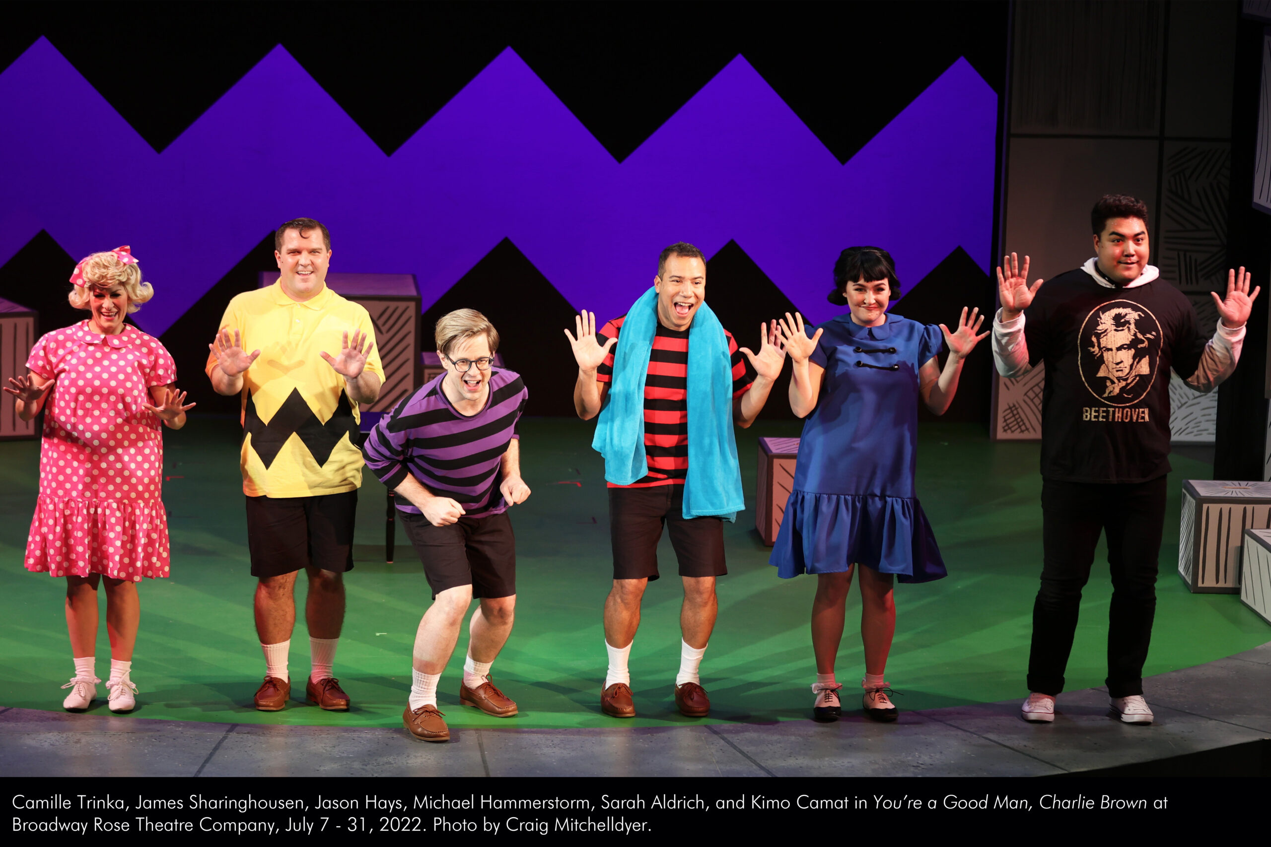 Camille Trinka, James Sharinghousen, Jason Hays, Michael Hammerstorm, Sarah Aldrich, and Kimo Camat in "You're a Good Man, Charlie Brown" at Broadway Rose Theatre Company, July 7 - 31, 2022. Photo by Craig Mitchelldyer.