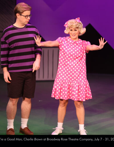 Jason Hays and Camille Trinka in "You're a Good Man, Charlie Brown" at Broadway Rose Theatre Company, July 7 - 31, 2022. Photo by Craig Mitchelldyer.