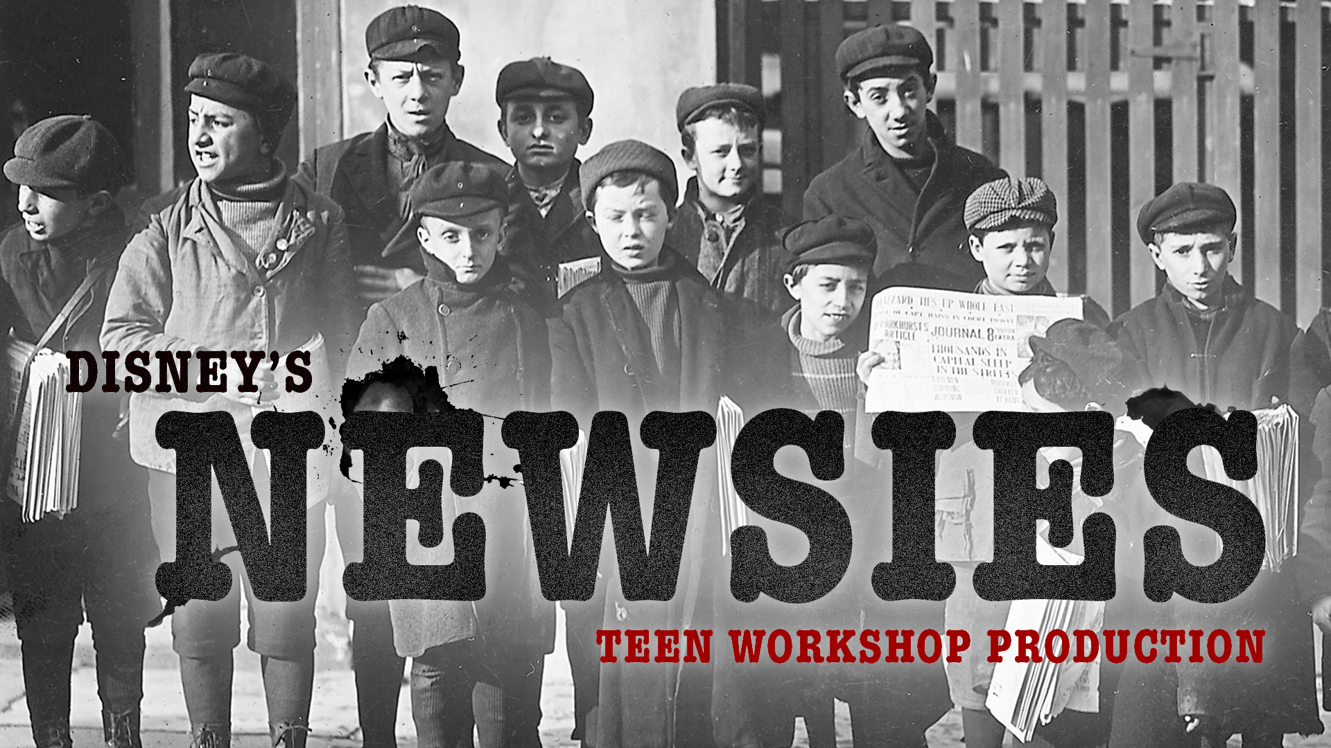 Newsies logo atop a photo of a group of real newsboys and girls from the early 20th century