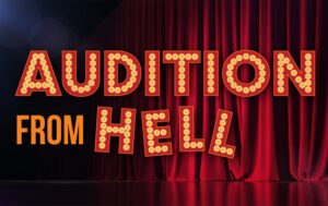 Audition From Hell show logo featuring a background of a large red stage curtain with glowing marquee lettering.