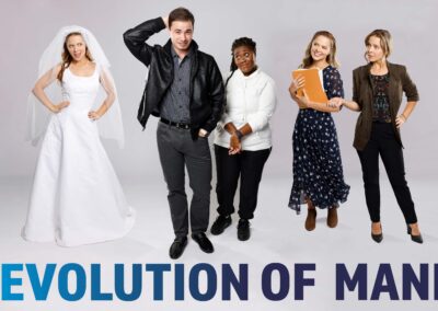 Graphic for The Evolution of Mann featuring a photo of Henry Mann, his roommate Gwen, and 3 characters played by Kailey Rhodes.
