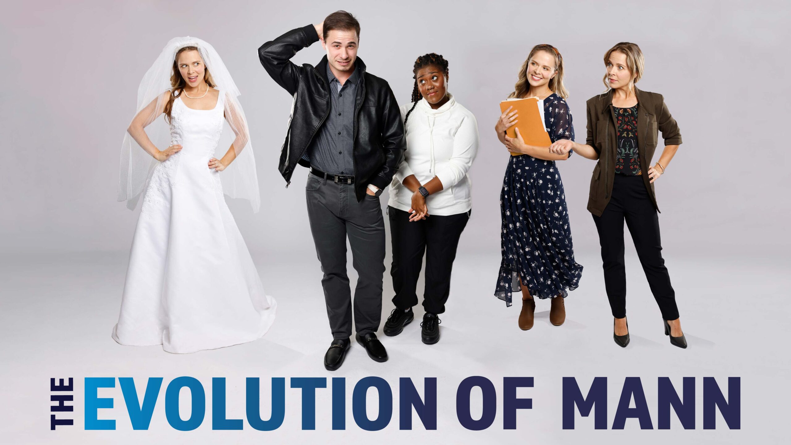 Evolution of Mann - new-show-banner-01 Graphic for The Evolution of Mann featuring a photo of Henry Mann, his roommate Gwen, and 3 characters played by Kailey Rhodes.