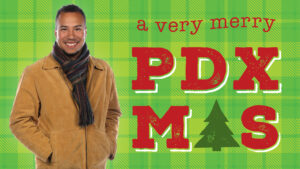 Logo for A Very Merry PDX-mas featuring a photo of Michael Hammerstrom