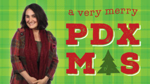 Logo for A Very Merry PDX-mas featuring a photo of Cara Arcuni