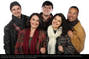 Richie Stone, Cara Arcuni, William Shindler, Tara Velarde, and Michael Hammerstrom in "A Very Merry PDX-mas" at Broadway Rose Theatre Company, November 23 – December 22, 2022. Photo by Craig Mitchelldyer.