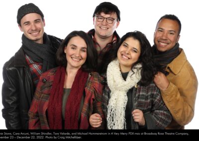 Richie Stone, Cara Arcuni, William Shindler, Tara Velarde, and Michael Hammerstrom in "A Very Merry PDX-mas" at Broadway Rose Theatre Company, November 23 – December 22, 2022. Photo by Craig Mitchelldyer.