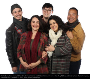 Richie Stone, Cara Arcuni, William Shindler, Tara Velarde, and Michael Hammerstrom in "A Very Merry PDX-mas" at Broadway Rose Theatre Company, November 23 – December 22, 2022. Photo by Craig Mitchelldyer.