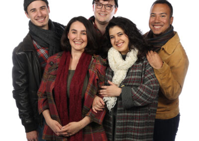 Richie Stone, Cara Arcuni, William Shindler, Tara Velarde, and Michael Hammerstrom in "A Very Merry PDX-mas" at Broadway Rose Theatre Company, November 23 – December 22, 2022. Photo by Craig Mitchelldyer.