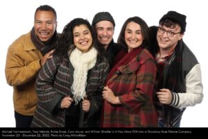 Michael Hammerstrom, Tara Velarde, Richie Stone, Cara Arcuni, and William Shindler in "A Very Merry PDX-mas" at Broadway Rose Theatre Company, November 23 – December 22, 2022. Photo by Craig Mitchelldyer.