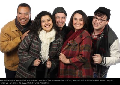 Michael Hammerstrom, Tara Velarde, Richie Stone, Cara Arcuni, and William Shindler in "A Very Merry PDX-mas" at Broadway Rose Theatre Company, November 23 – December 22, 2022. Photo by Craig Mitchelldyer.