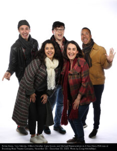 Richie Stone, Tara Velarde, William Shindler, Cara Arcuni, and Michael Hammerstrom in "A Very Merry PDX-mas" at Broadway Rose Theatre Company, November 23 – December 22, 2022. Photo by Craig Mitchelldyer.