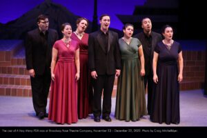 The cast of A Very Merry PDX-mas at Broadway Rose Theatre Company, November 23 - December 22, 2022. Photo by Craig Mitchelldyer.