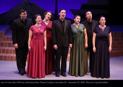 The cast of A Very Merry PDX-mas at Broadway Rose Theatre Company, November 23 - December 22, 2022. Photo by Craig Mitchelldyer.