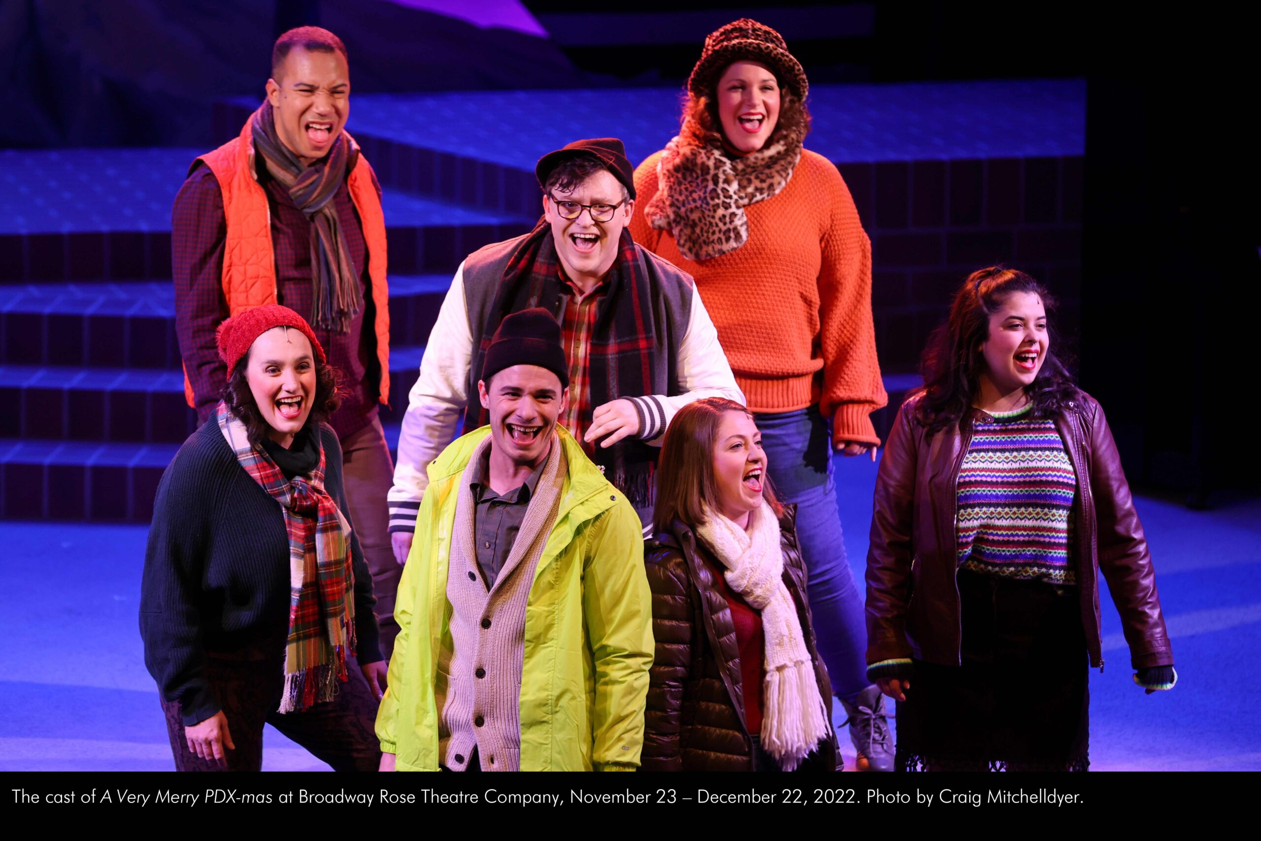 The cast of "A Very Merry PDX-mas" at Broadway Rose Theatre Company, November 23 - December 22, 2022. Photo by Craig Mitchelldyer.