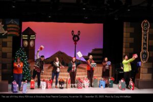 The cast of A Very Merry PDX-mas at Broadway Rose Theatre Company, November 23 - December 22, 2022. Photo by Craig Mitchelldyer.