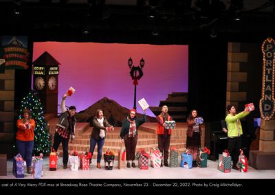 The cast of A Very Merry PDX-mas at Broadway Rose Theatre Company, November 23 - December 22, 2022. Photo by Craig Mitchelldyer.