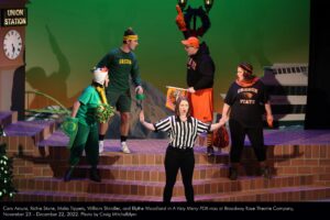 Cara Arcuni, Richie Stone, Malia Tippets, William Shindler, and Blythe Woodland in A Very Merry PDX-mas at Broadway Rose Theatre Company, November 23 - December 22, 2022. Photo by Craig Mitchelldyer.