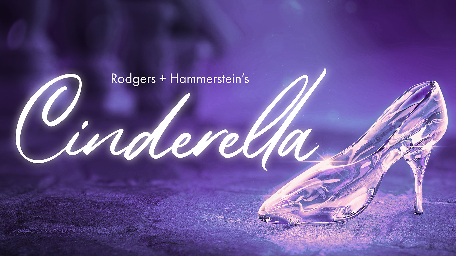 Cinderella logo of cursive text over an image of a glass slipper on a violet background