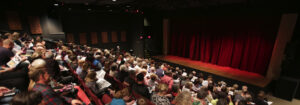 Photo of the interior of the New Stage Theater, the audience is full, the stage lights are on, lighting up the red main curtain.