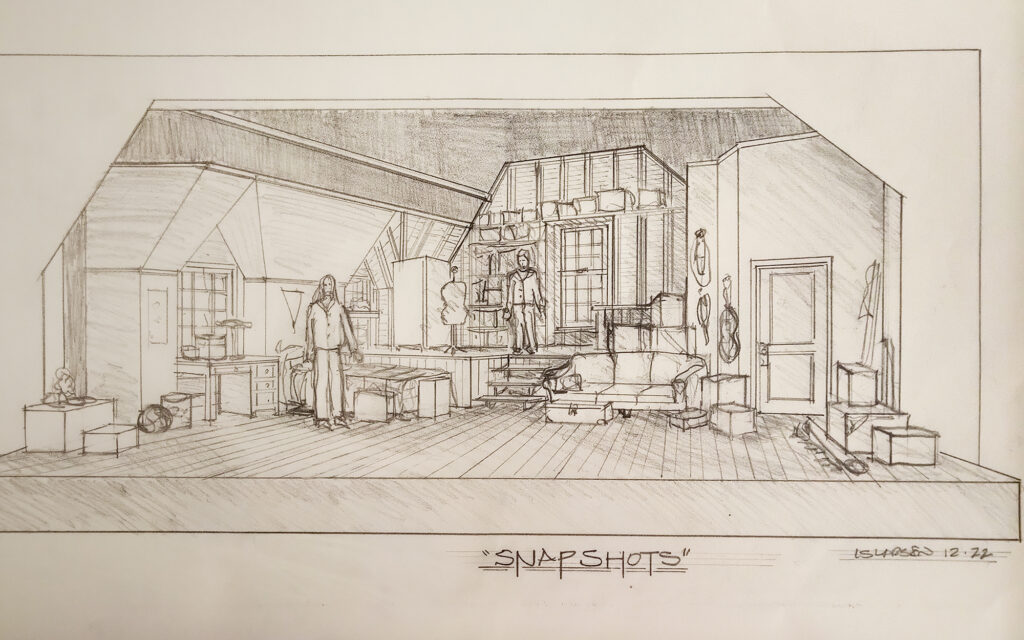 Larry Larsen's design sketch for the set of Snapshots. Rough pencil on large drafting paper shows an old, yet large and stuffed attic, full of boxes and furniture.