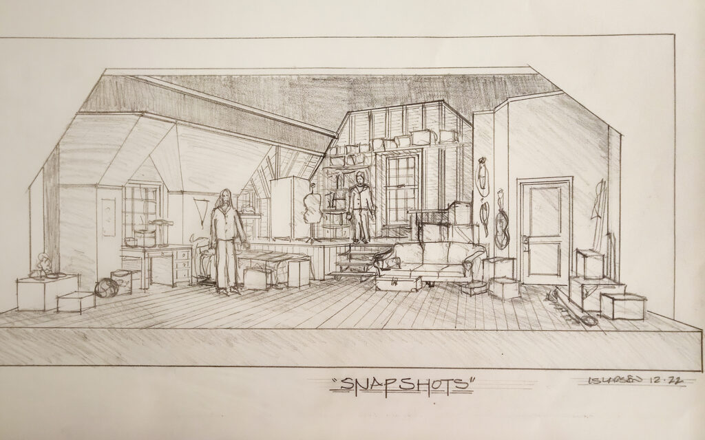 Larry Larsen - Snapshots sketch Larry Larsen's design sketch for the set of Snapshots. Rough pencil on large drafting paper shows an old, yet large and stuffed attic, full of boxes and furniture.