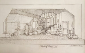 Larry Larsen's design sketch for the set of Snapshots. Rough pencil on large drafting paper shows an old, yet large and stuffed attic, full of boxes and furniture.