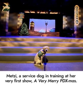 Metzi, a service dog in training at her very first show, A Very Merry PDX-mas.