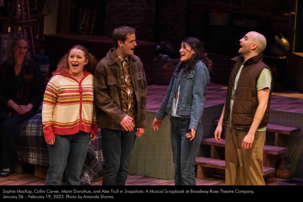 Sophie MacKay, Collin Carver, Marin Donohue, and Alex Trull in Snapshots: A Musical Scrapbook. January 26 - February 19, 2023. Photo by Amanda Shama.