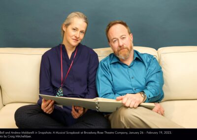 Ali Bell and Andrew Maldarelli in Snapshots: A Musical Scrapbook at Broadway Rose Theatre Company, January 26 – February 19, 2023. Photo by Craig Mitchelldyer.