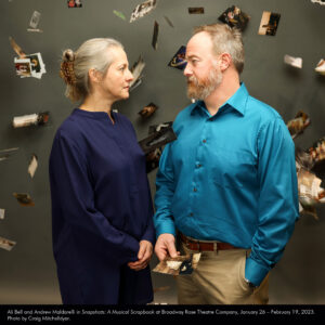 Ali Bell and Andrew Maldarelli in Snapshots: A Musical Scrapbook at Broadway Rose Theatre Company, January 26 – February 19, 2023. Photo by Craig Mitchelldyer.