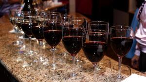 What to find at the gala: Wine glasses lined up in a row for the gala guests to take as they walk by concessions.