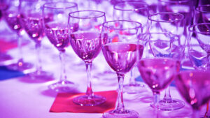 What to find at the gala: Wine glasses lined up in a row for the gala guests to take as they walk by concessions.