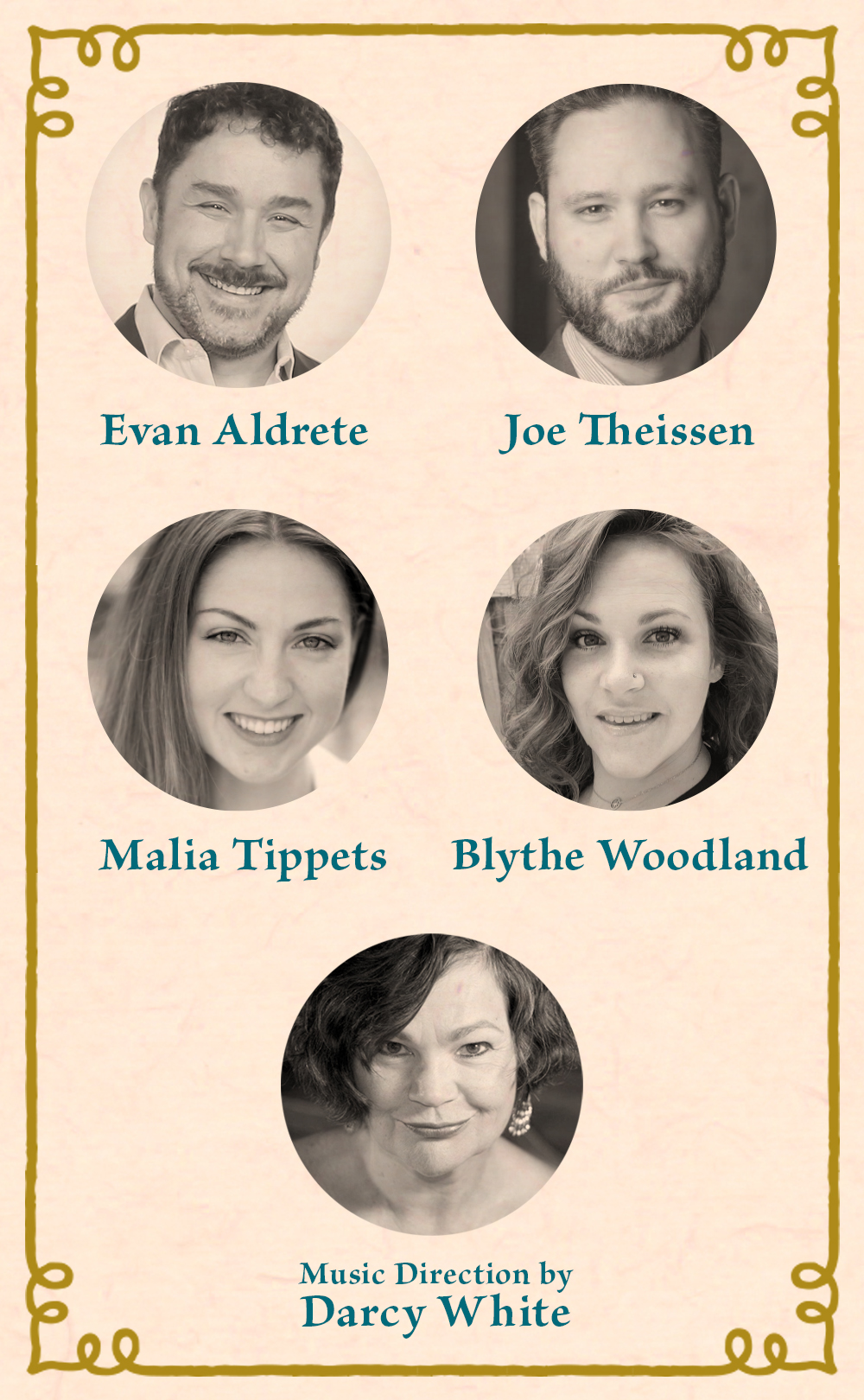 2023 Gala Performers vertical Performers: Evan Aldrete, Joe Theissen, Malia Tippets, and Blythe Woodland. Musical direction by Darcy White.
