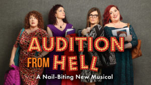 Emily Sahler, Lisamarie Harrison, Laurie Campbell-Leslie, and Courtney Freed in Audition from Hell at Broadway Rose Theatre Company. April 20 - May 14, 2023. Photo by Craig Mitchelldyer.