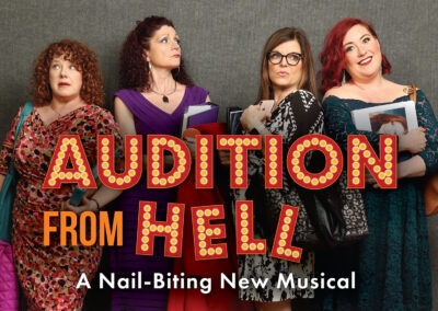 Emily Sahler, Lisamarie Harrison, Laurie Campbell-Leslie, and Courtney Freed in Audition from Hell at Broadway Rose Theatre Company. April 20 - May 14, 2023. Photo by Craig Mitchelldyer.