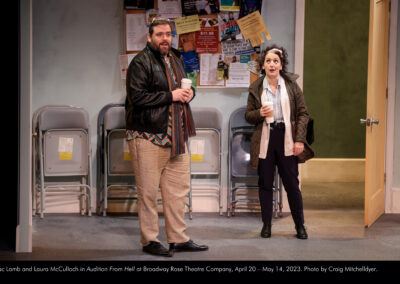 Isaac Lamb and Laura McCulloch in Audition From Hell at Broadway Rose Theatre Company, April 20 through May 14, 2023. Photo by Craig Mitchelldyer.