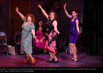 Emily Sahler, Courtney Freed, and Lisamarie Harrison (front) with Laurie Campbell-Leslie in Audition From Hell at Broadway Rose Theatre Company, April 20 through May 14, 2023. Photo by Craig Mitchelldyer.