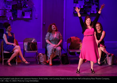 Laurie Campbell-Leslie (front) with Lisamarie Harrison, Emily Sahler, and Courtney Freed in Audition From Hell at Broadway Rose Theatre Company, April 20 through May 14, 2023. Photo by Craig Mitchelldyer.
