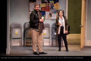 Isaac Lamb and Laura McCulloch in Audition From Hell at Broadway Rose Theatre Company. April 20 through May 14, 2023. Photo by Craig Mitchelldyer