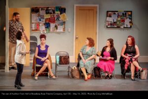 The cast of Audition From Hell at Broadway Rose Theatre Company. April 20 through May 14, 2023. Photo by Craig Mitchelldyer