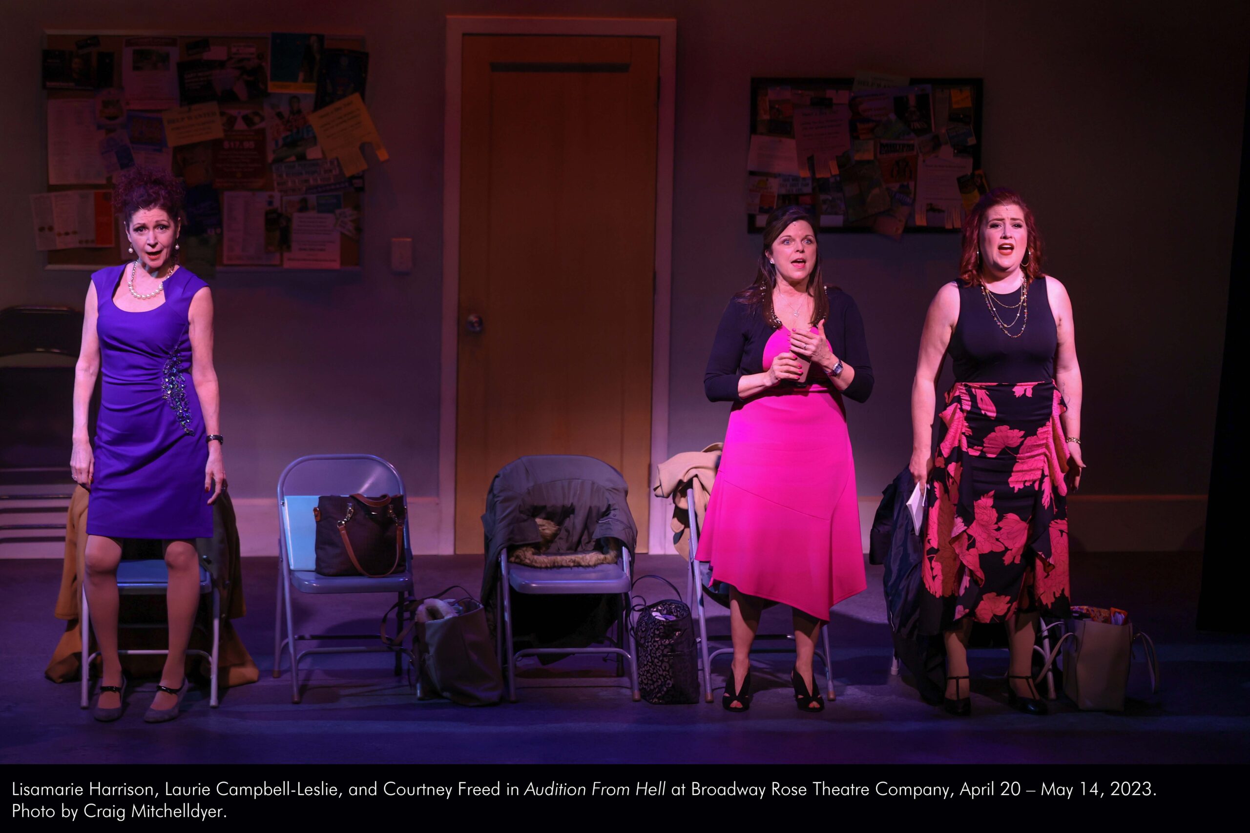 Lisamarie Harrison, Laurie Campbell-Leslie, and Courtney Freed in Audition From Hell at Broadway Rose Theatre Company. April 20 through May 14, 2023. Photo by Craig Mitchelldyer