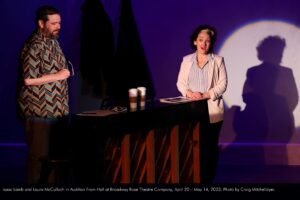 Isaac Lamb and Laura McCulloch in Audition From Hell at Broadway Rose Theatre Company. April 20 through May 14, 2023. Photo by Craig Mitchelldyer